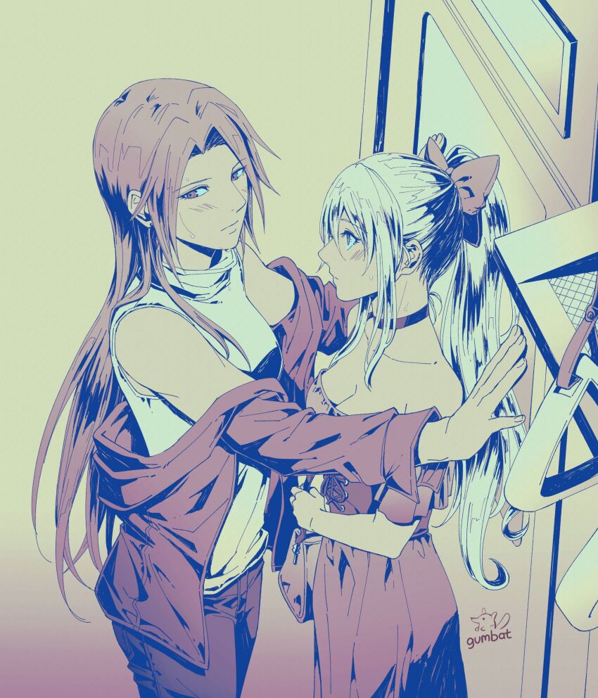 alternate_costume, averting_eyes, bare_shoulders, black_bow, blonde_hair, blush, bow, breasts