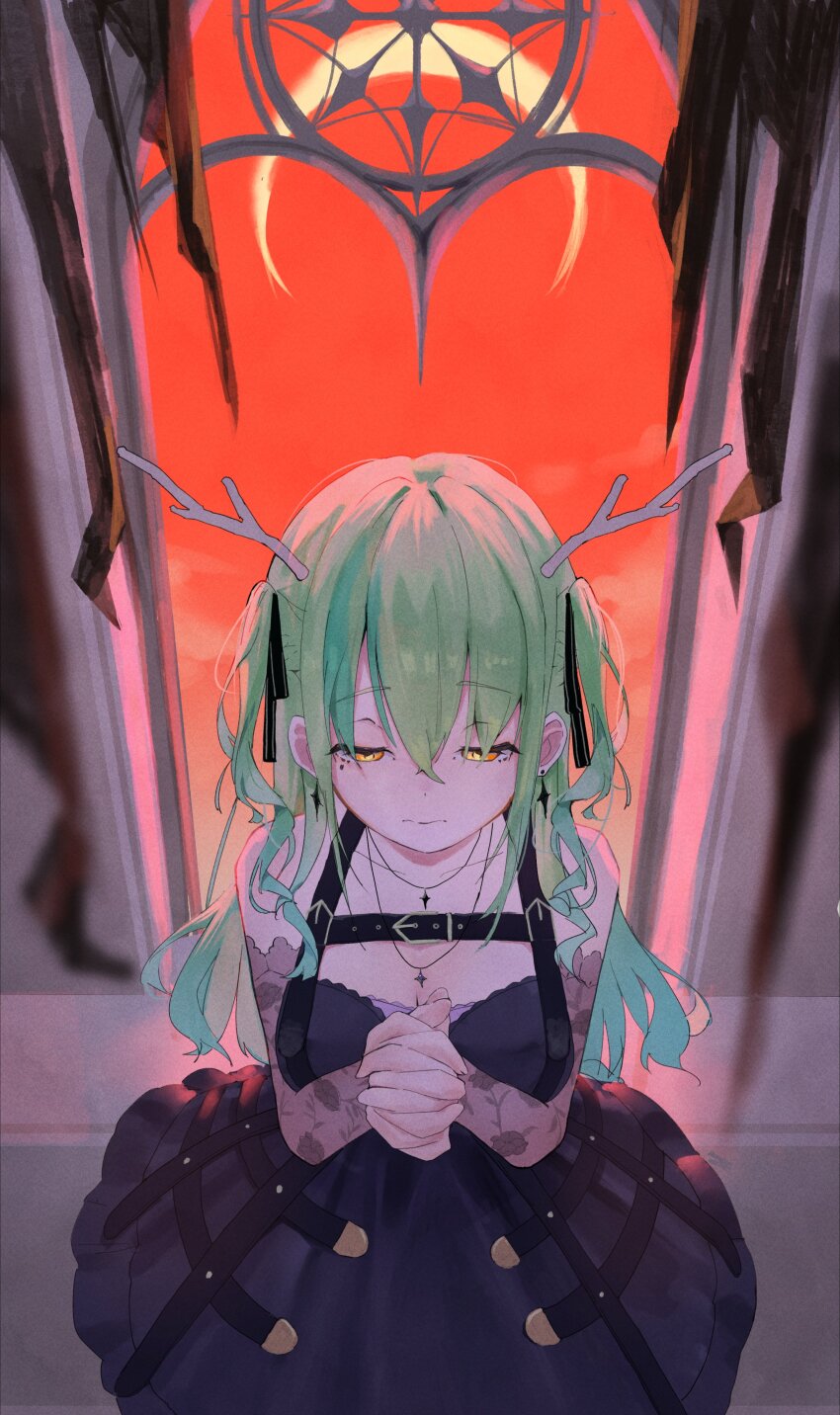 1girl, absurdres, antlers, black_dress, black_ribbon, breasts, brianlee709, ceres_fauna