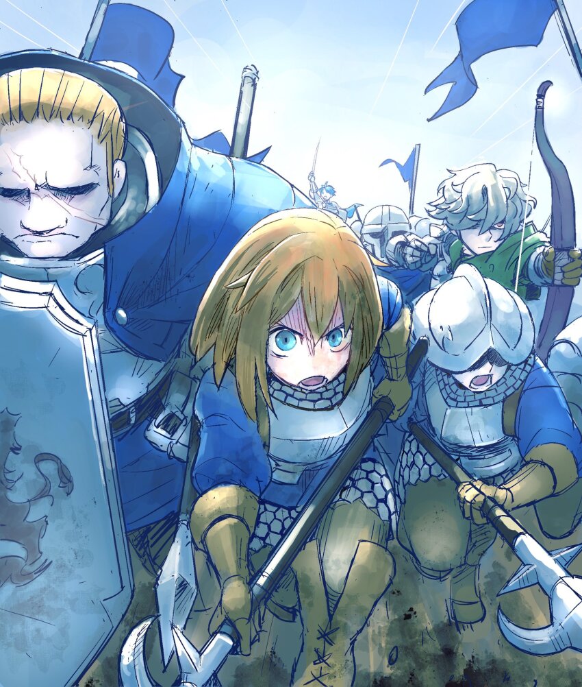 1girl, 2others, 3boys, alain_(unicorn_overlord), arm_up, armor, black_hair, black_pants