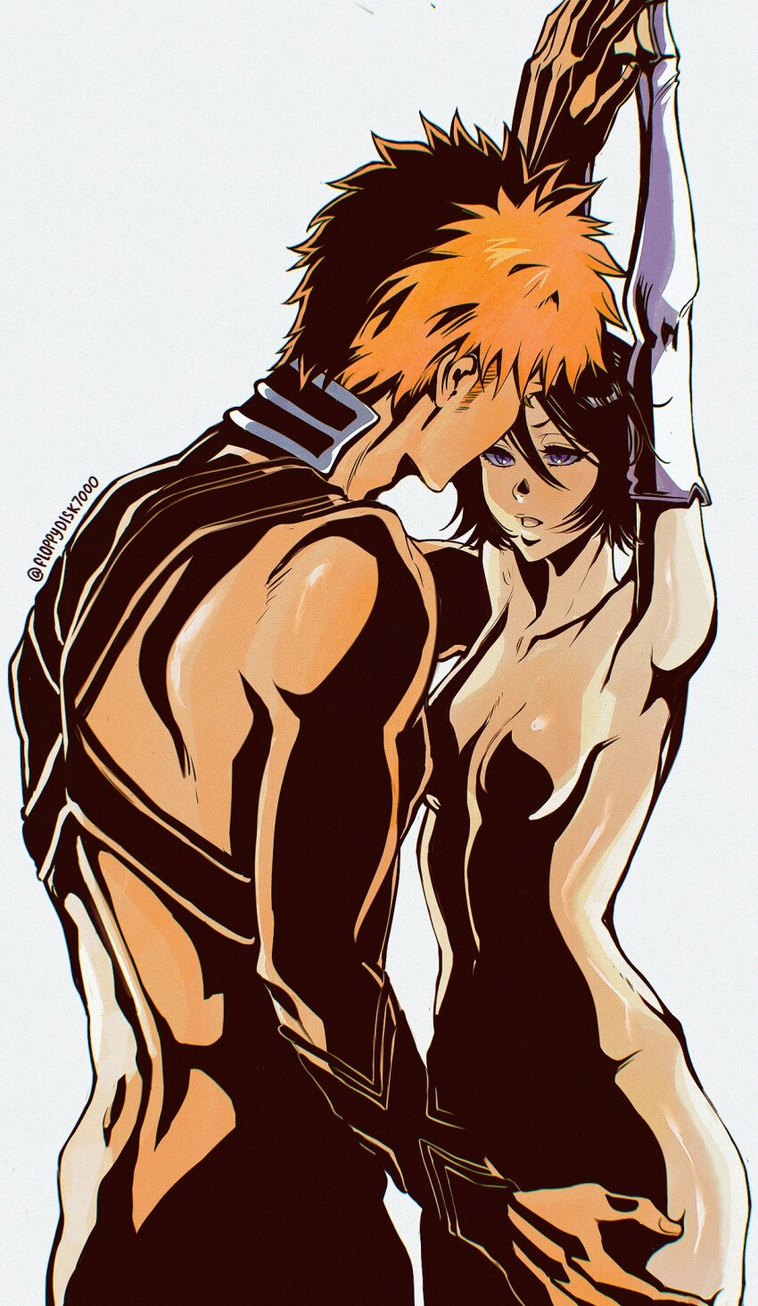 black_hair, bleach, couple, floppydisk7000, highres, kuchiki_rukia, kurosaki_ichigo, nude