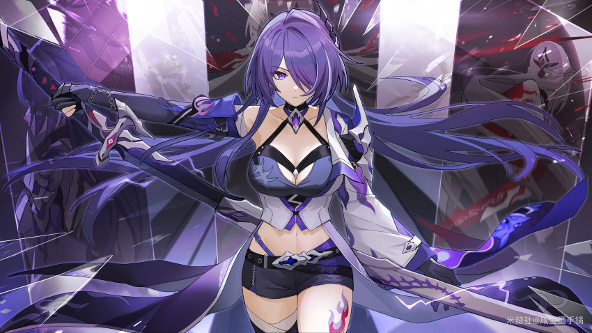 1girl, acheron_(honkai:_star_rail), black_choker, black_gloves, black_shorts, body_markings, boots, breasts, chain, choker, cleavage, coat, coattails, detached_sleeves, glass_shards, gloves, hair_over_one_eye, highres, holding, holding_sword, holding_weapon, honkai:_star_rail, honkai_(series), leg_tattoo, long_hair, midriff, multicolored_hair, navel, official_alternate_color, pingdiguo, purple_eyes, purple_hair, sheath, short_shorts, shorts, single_bare_shoulder, solo, stomach, streaked_hair, sword, tailcoat, tattoo, thigh_boots, unsheathing, weapon, white_coat, white_hair