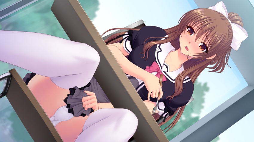 chair, clothes_lift, enciel_rena, game_cg, hair_ribbon, kourin_tenshi_en_ciel_rena, non-web_source, on_chair, panties, pink_ribbon, ribbon, school_uniform, skirt, skirt_lift, tomoe_rena, underwear