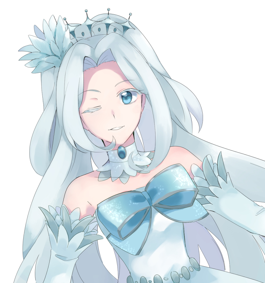 1girl, bad_id, bad_twitter_id, bare_shoulders, blue_eyes, blue_hair, blue_ribbon, commentary_request