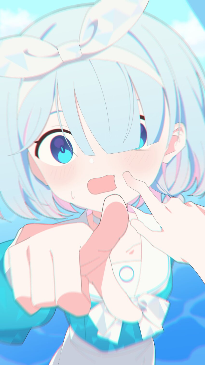 1girl, 1other, absurdres, arona_(blue_archive), asagisui, blue_archive, blue_eyes, blue_serafuku