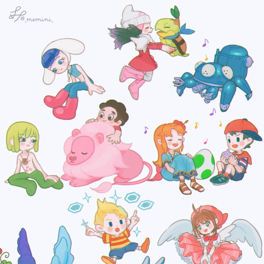 4boys, 4girls, black_hair, blue_dress, boots, brown_hair, cardcaptor_sakura, casting_spell