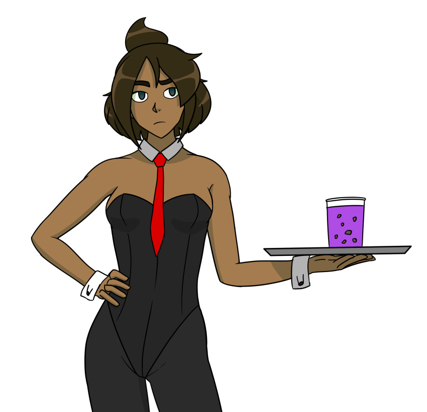 1girl, absurdres, black_leotard, breasts, brown_hair, bubble_tea, centaurworld, collar