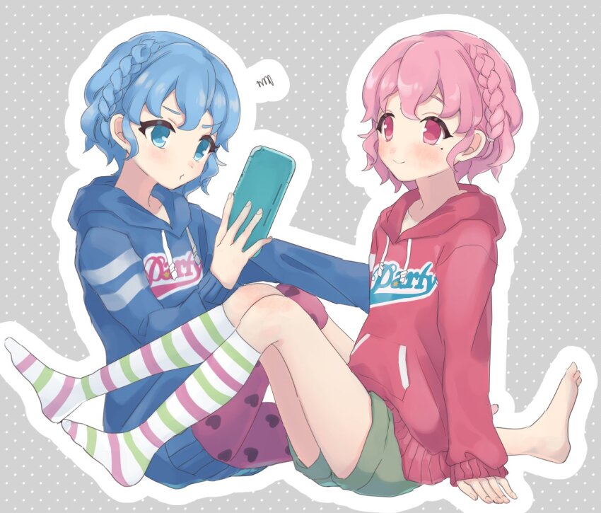 1boy, 1girl, arm_support, bad_id, bad_twitter_id, barefoot, blue_eyes, blue_hair, blue_hoodie, braid, brother_and_sister, closed_mouth, clothes_writing, commentary_request, crossdressing, dorothy_west, drawstring, full_body, green_shorts, handheld_game_console, highres, holding, holding_handheld_game_console, hood, hood_down, hoodie, inactive_account, long_sleeves, mole, mole_under_eye, nintendo_switch, no_shoes, pink_eyes, pink_hair, pretty_series, print_hoodie, pripara, red_hoodie, reona_west, shiyurinpu, short_hair, shorts, siblings, side_braid, sitting, smile, socks, squiggle, striped_clothes, striped_socks, trap, twins