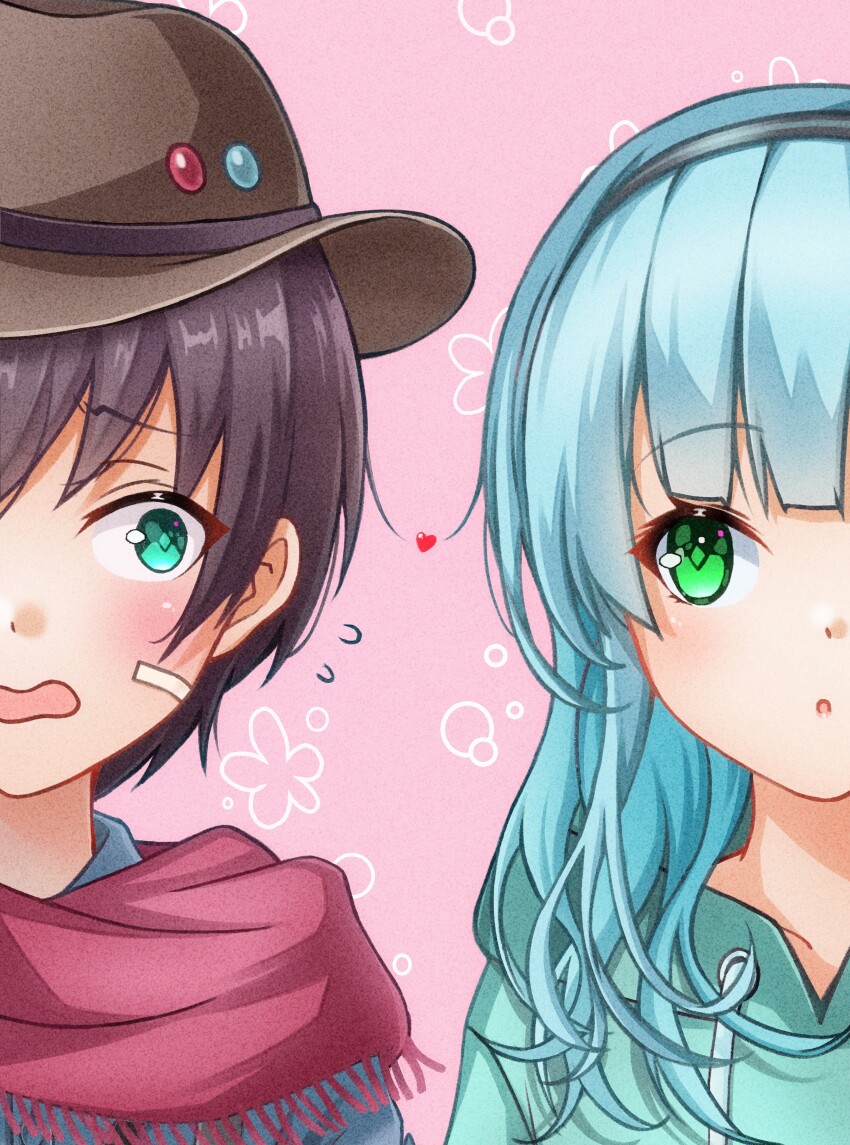 1boy, 1girl, absurdres, asaba_touka, black_hairband, blush, couple, green_eyes