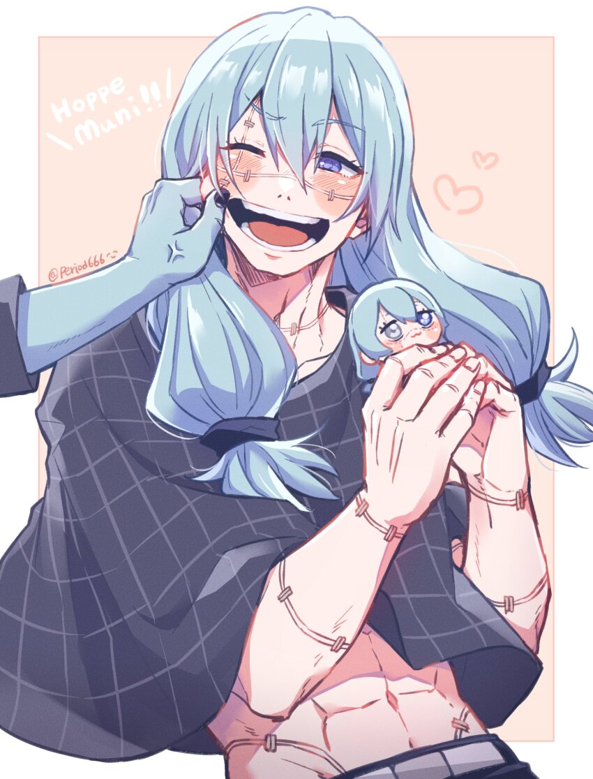 2boys, :3, abs, akasuzu3641, anger_vein, belt, black_nails, black_pants, blue_eyes, blue_shirt, blush, cheek_pull, chibi, collarbone, grey_belt, grey_eyes, hair_between_eyes, heart, heterochromia, highres, holding, holding_chibi, holding_toy, jogo_(jujutsu_kaisen), jujutsu_kaisen, long_hair, mahito_(jujutsu_kaisen), male_focus, midriff_peek, multiple_boys, navel, one_eye_closed, open_mouth, out_of_frame, pants, plaid_clothes, plaid_shirt, shirt, signature, smile, stitched_arm, stitched_face, stitched_neck, stitched_torso, stitches, teeth, toned, toned_male, tongue, toy, upper_body