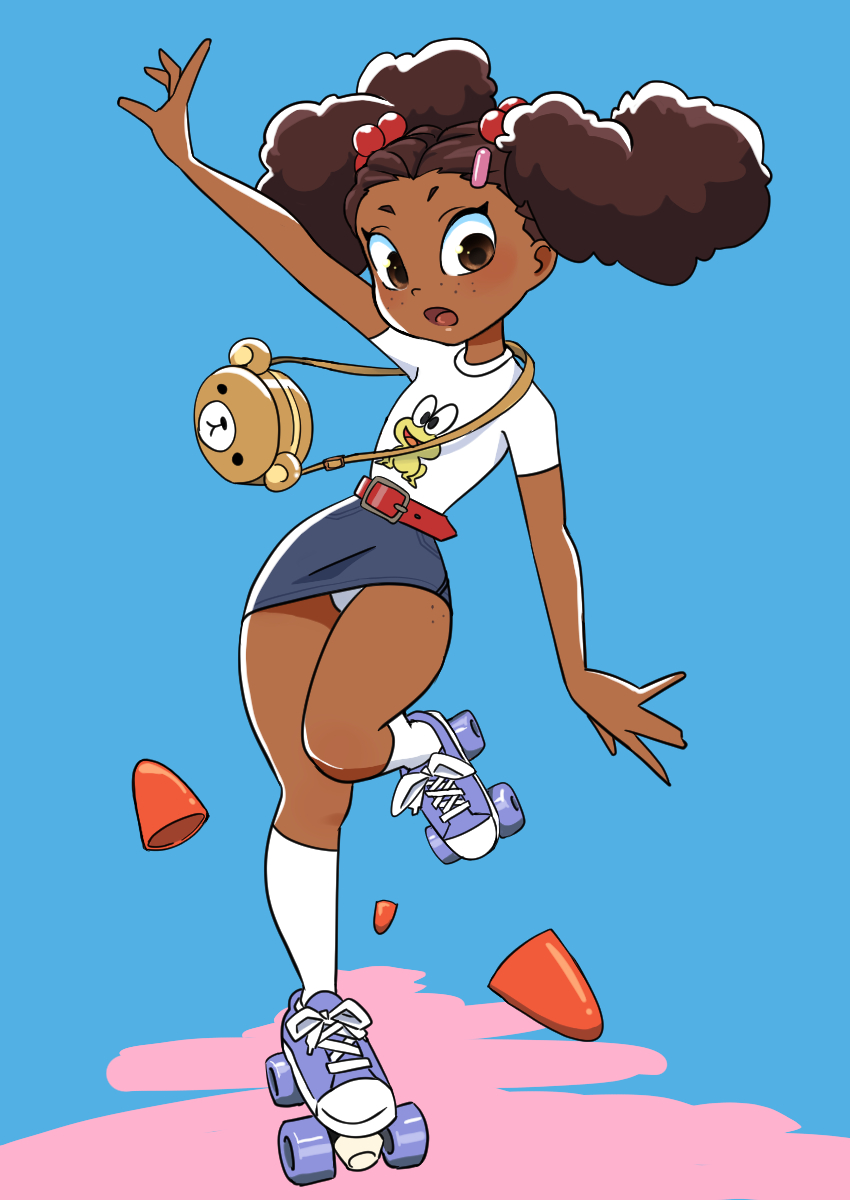 1girl, animal_print, bag, balancing, belt, black_skirt, blue_background, blue_shoes