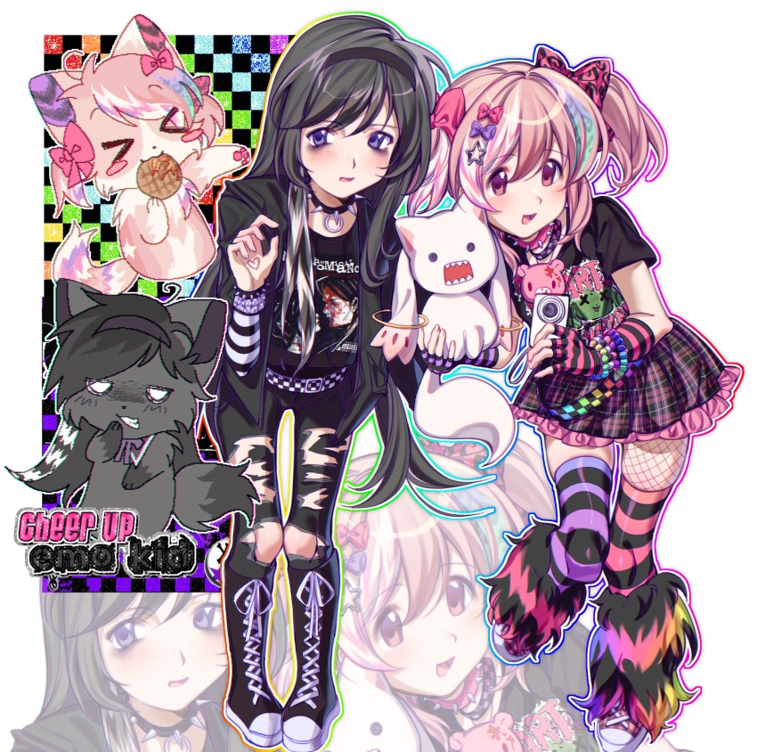 2000s_(style), 2girls, absurdres, akemi_homura, animal_print, black_choker, black_footwear, black_hair