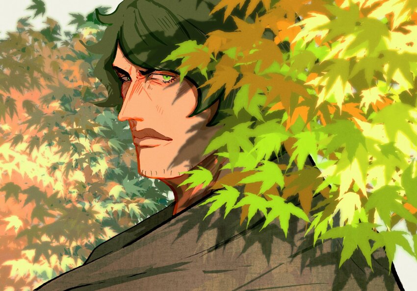 1boy, a_ddove, autumn, autumn_leaves, black_hair, black_kimono, facial_hair, goatee