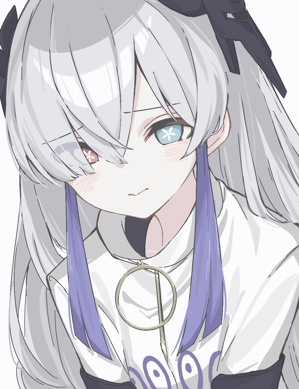 1girl, blue_eyes, blush, cevio, closed_mouth, collared_jacket, crossed_bangs, flower-shaped_pupils