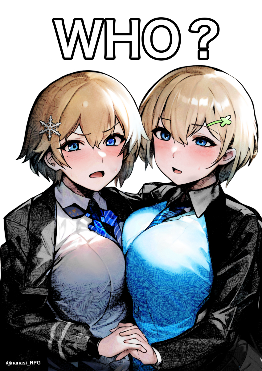 2girls, absurdres, ash_arms, black_jacket, blonde_hair, blue_cardigan, blue_eyes, blue_necktie