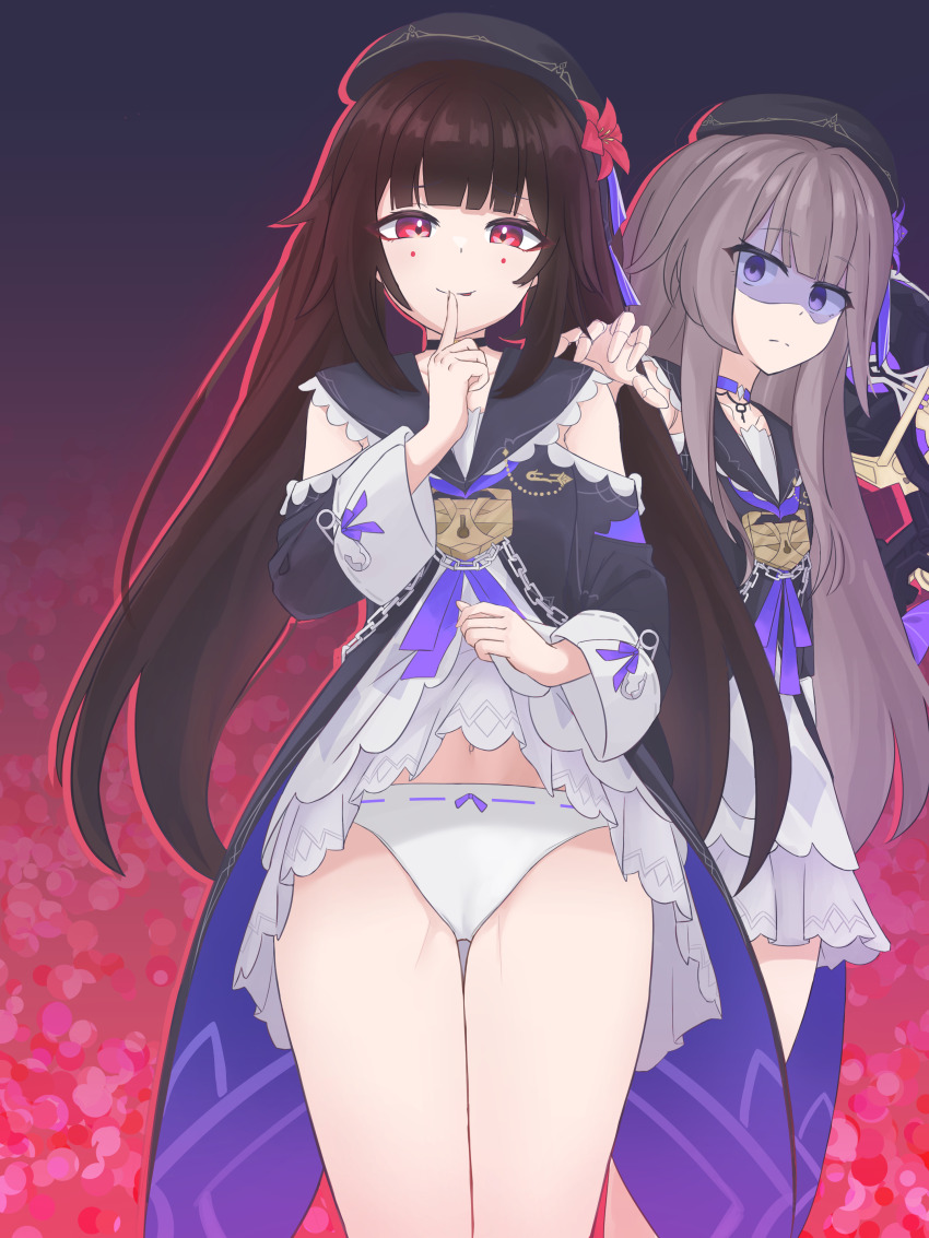 2girls, absurdres, alternate_hairstyle, black_hair, black_hat, bow, bow_panties, brown_hair, cameltoe, choker, clothes_lift, clothing_cutout, cosplay, doll_joints, dress, dress_lift, finger_to_mouth, flower, gluteal_fold, grey_hair, hair_ornament, hand_on_another's_shoulder, hat, hat_flower, herta_(honkai:_star_rail)_(cosplay), herta_(puppet)_(honkai:_star_rail), highres, honkai:_star_rail, honkai_(series), jewelry, joints, key, key_necklace, lifting_own_clothes, light_smile, long_hair, long_sleeves, looking_at_viewer, multiple_girls, myuf, navel, necklace, panties, pink_eyes, purple_choker, purple_eyes, purple_flower, red_flower, shoulder_cutout, sparkle_(honkai:_star_rail), standing, thigh_gap, thighs, underwear, white_panties