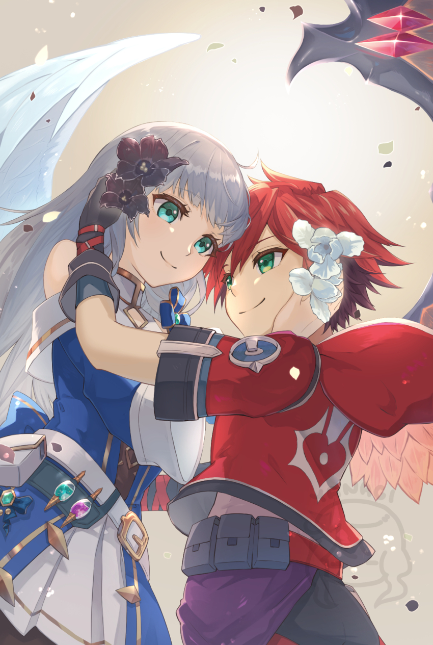 1boy, 1girl, airis_(shironeko_project), belt, black_gloves, feathered_wings, flower, gloves