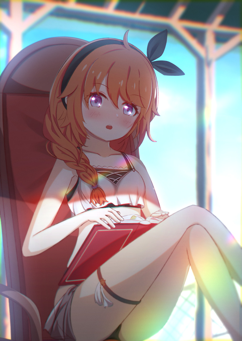 1girl, ass, backlighting, bikini, black_bikini, blush, book, bow_hairband, braid, breasts, chair, cleft_of_venus, day, frilled_bikini, frills, hair_over_shoulder, hairband, highres, holding, holding_book, legs, lemonztea, loli, long_hair, looking_at_viewer, open_book, open_mouth, orange_hair, panties, princess_connect!, reading, sitting, small_breasts, solo, swimsuit, thighhighs, thighs, underwear, yuni_(princess_connect!), yuni_(winter)_(princess_connect!)