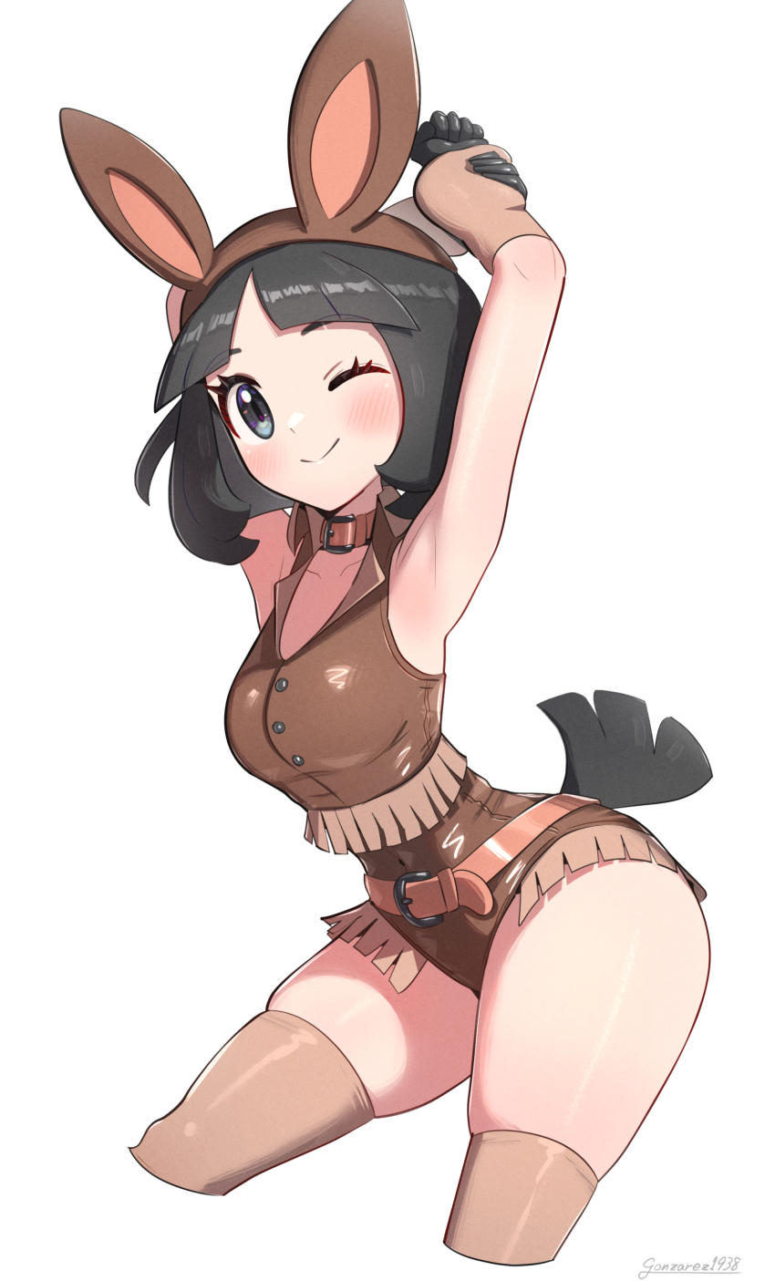 1girl, absurdres, alternate_costume, animal_ears, armpits, arms_up, belt, black_cloak