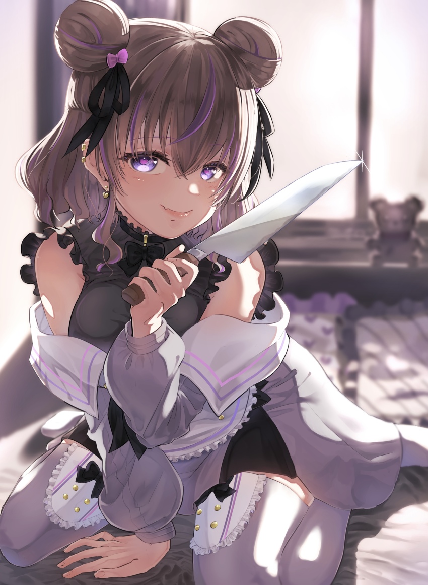 1girl, absurdres, black_collar, black_ribbon, black_shirt, breasts, brown_hair, closed_mouth, collar, commission, double_bun, ear_piercing, earrings, fang, frilled_shirt, frilled_thighhighs, frills, grey_jacket, hair_bun, hair_ribbon, heart, heart-shaped_pupils, heart_earrings, highres, hokka_tm, indie_virtual_youtuber, jacket, jewelry, large_breasts, long_sleeves, looking_at_viewer, medium_hair, minami_tette, multicolored_hair, off_shoulder, piercing, pillow, puffy_long_sleeves, puffy_sleeves, purple_eyes, purple_hair, ribbon, shirt, sitting, skeb_commission, skin_fang, smile, solo, streaked_hair, stuffed_animal, stuffed_toy, symbol-shaped_pupils, teddy_bear, thighhighs, virtual_youtuber, wariza, white_thighhighs, window, yandere