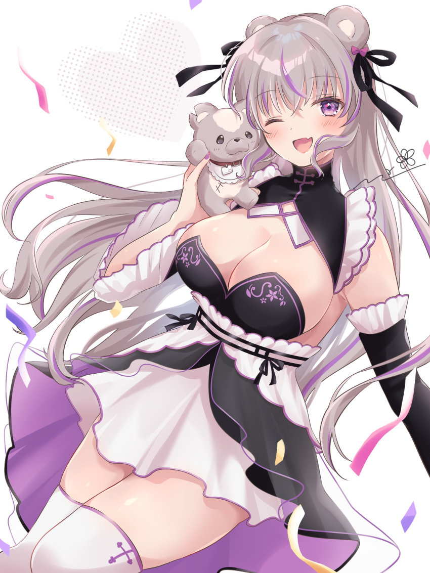 1girl, ;d, animal_ears, bare_shoulders, bear_ears, black_dress, black_ribbon, black_sleeves