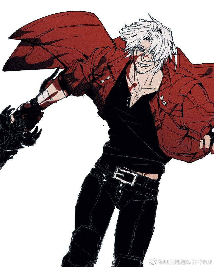 1boy, 3hkxbot, black_gloves, black_pants, blue_eyes, coat, dante_(devil_may_cry), devil_may_cry_(series)
