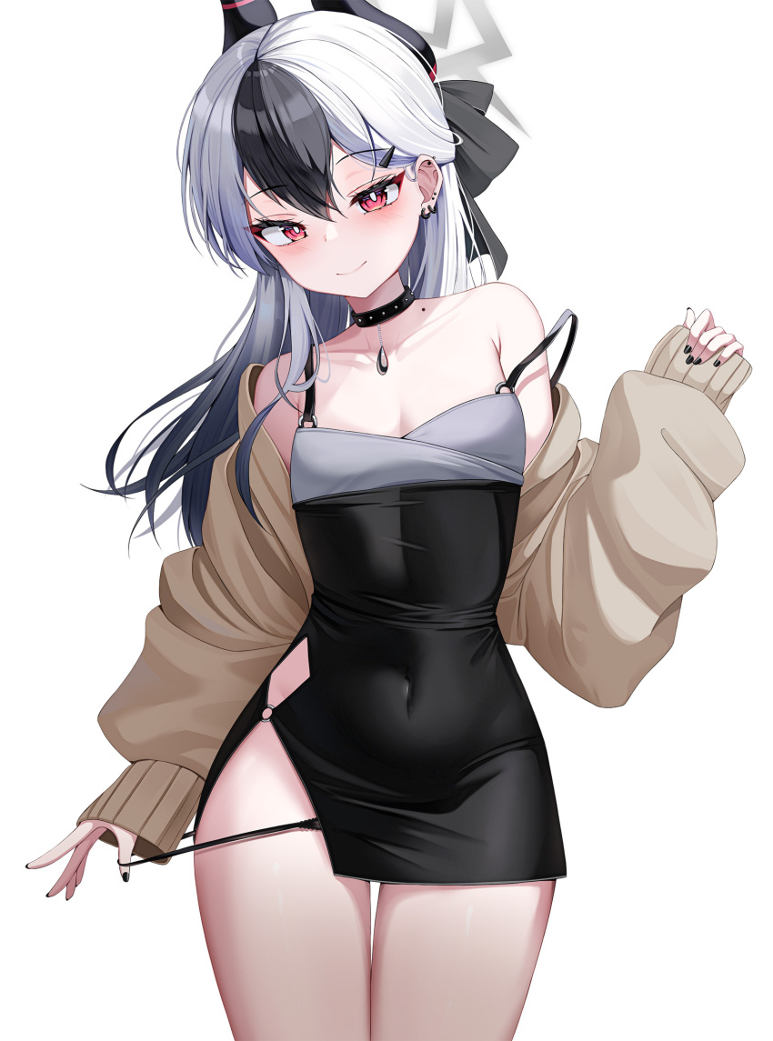 1girl, bare_shoulders, black_dress, blue_archive, breasts, bright_pupils, chanpower233, clothing_cutout