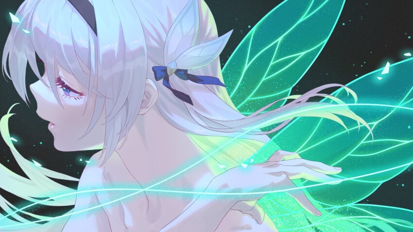 1girl, amenoki, black_background, black_hairband, collarbone, fingernails, firefly_(honkai:_star_rail), floating_hair