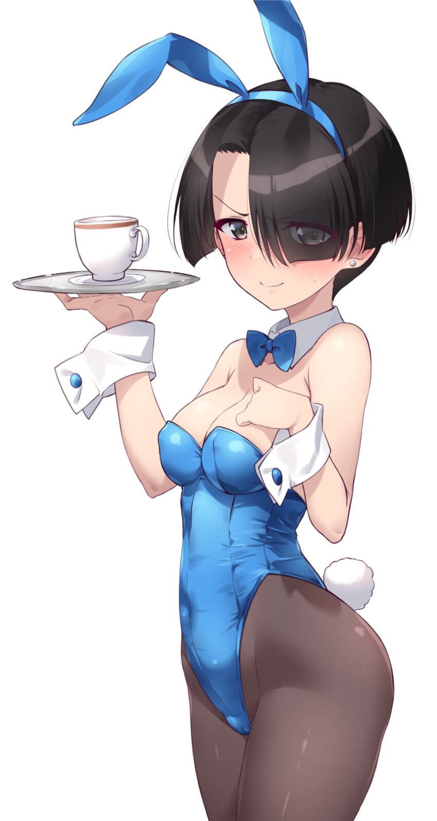 1girl, angry, animal_ears, bare_shoulders, black_hair, blue_leotard, blunt_bangs, blush