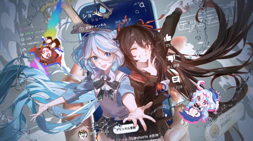 2girls, alternate_costume, alternate_hairstyle, arm_up, black_skirt, blue_hair, blue_shirt, brown_hair