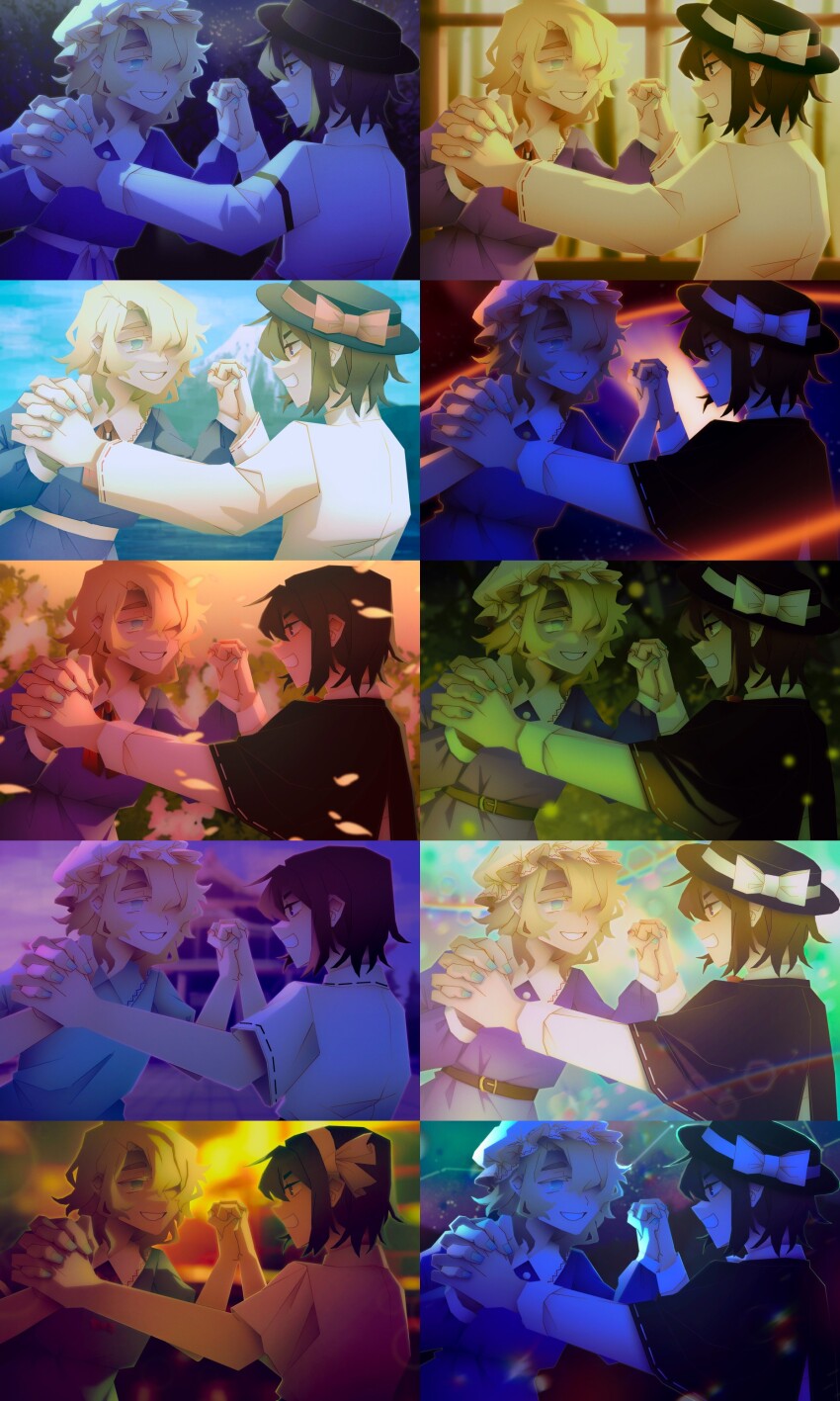 2girls, absurdres, belt, black_capelet, black_hat, blonde_hair, blouse, blue_eyes