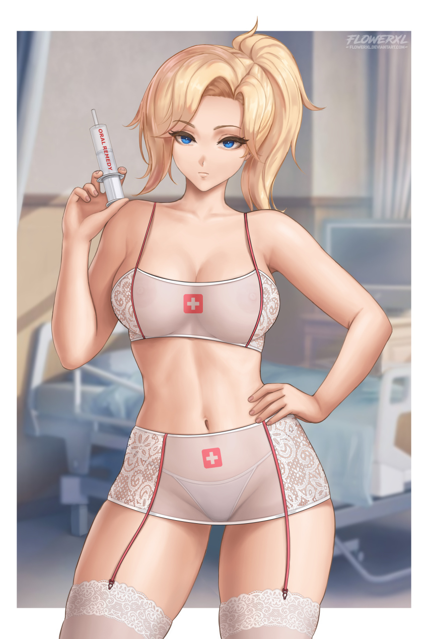 1girl, absurdres, artist_logo, blizzard_(company), blonde_hair, blue_eyes, bra, breasts, collarbone, deviantart_username, flowerxl, groin, hand_on_own_hip, highres, holding, holding_syringe, hospital, indoors, jewelry, large_breasts, legs, legwear_garter, logo, long_hair, looking_at_viewer, medical, mercy, mercy_(overwatch), navel, necklace, overwatch, panties, revealing_clothes, see-through_clothes, see-through_skirt, shorts, skirt, solo, standing, syringe, thick_thighs, thighhighs, thighs, toned, toned_female, underwear, white_bra, white_shorts, white_skirt, white_thighhighs
