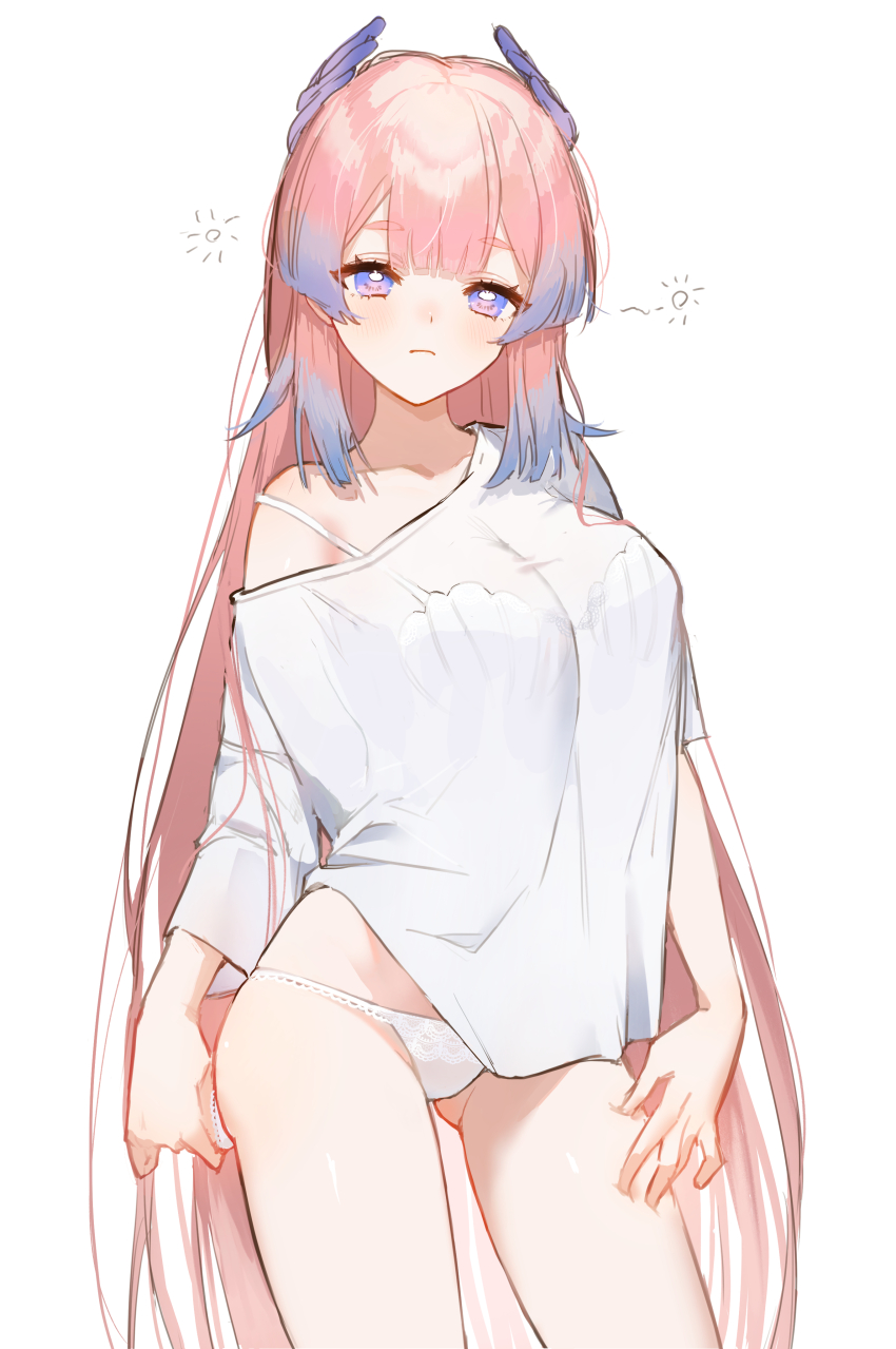 1girl, absurdres, bare_shoulders, blue_eyes, blue_hair, blue_horns, blunt_bangs, bra, bra_visible_through_clothes, breasts, cleavage, colored_tips, genshin_impact, gluteal_fold, gradient_hair, highres, horns, kuqfh, lace, lace_panties, long_hair, looking_at_viewer, medium_breasts, multicolored_hair, off_shoulder, panties, pink_hair, purple_eyes, sangonomiya_kokomi, see-through_clothes, shirt, solo, standing, thighs, underwear, very_long_hair, waking_up, white_background, white_bra, white_panties, white_shirt