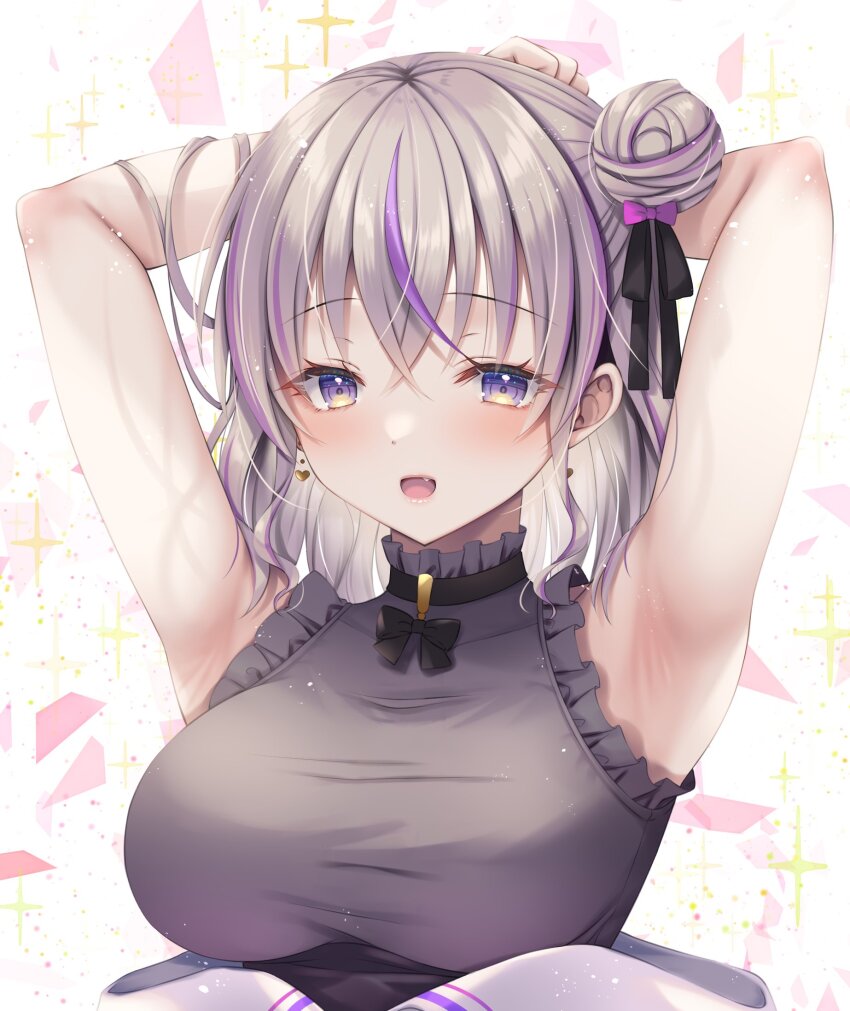1girl, armpits, arms_behind_head, black_ribbon, black_skirt, breasts, commission, earrings, fang, frilled_shirt, frills, grey_hair, grey_shirt, hair_bun, hair_ribbon, heart, heart_earrings, high-waist_skirt, highres, indie_virtual_youtuber, jewelry, large_breasts, long_hair, looking_at_viewer, minami_tette, mitsuki_tsumi, multicolored_hair, neck_ribbon, open_mouth, presenting_armpit, purple_eyes, purple_hair, ribbon, second-party_source, shirt, skeb_commission, skirt, sleeveless, sleeveless_shirt, smile, solo, sparkle, streaked_hair, taut_clothes, taut_shirt, upper_body, virtual_youtuber
