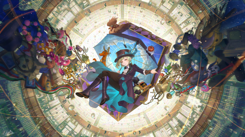 1girl, animalization, apple, apple_(reverse:1999), ascot, bird, black_boots, black_bow