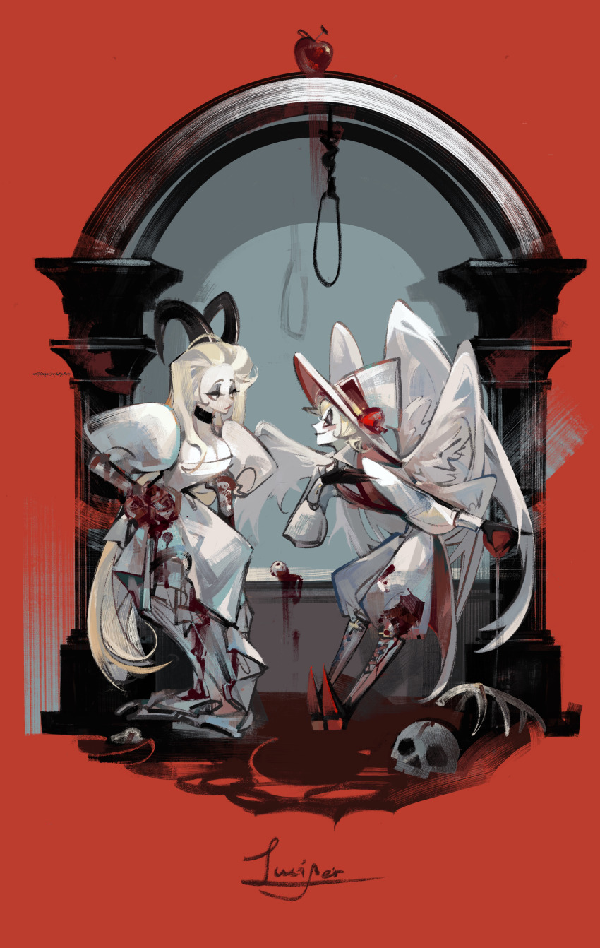 1boy, 1girl, 2652893384, absurdres, blonde_hair, blood, demon_boy, demon_girl, demon_horns, dress, hazbin_hotel, hellaverse, highres, horns, husband_and_wife, lilith_(hazbin_hotel), long_hair, looking_at_another, lucifer_morningstar_(hazbin_hotel), very_long_hair, white_dress
