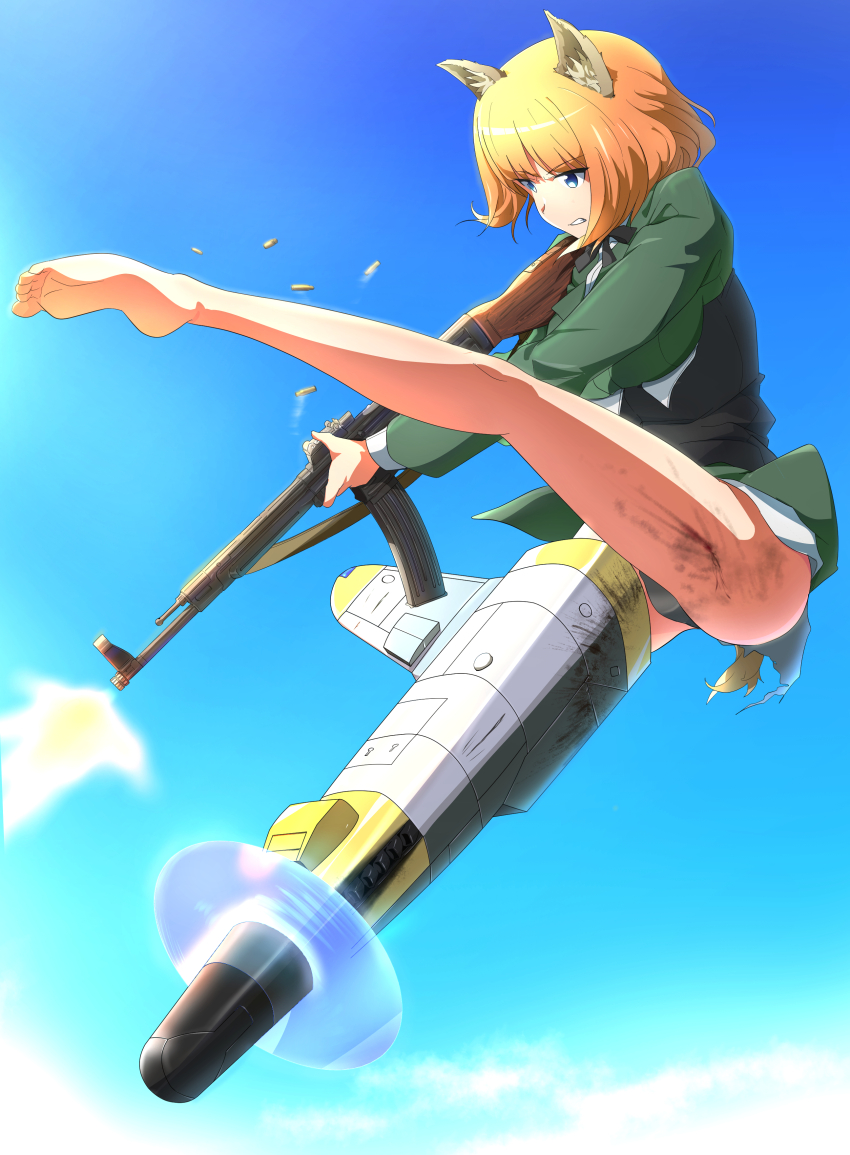 1girl, absurdres, animal_ears, ass, barefoot, black_panties, blue_eyes, brave_witches