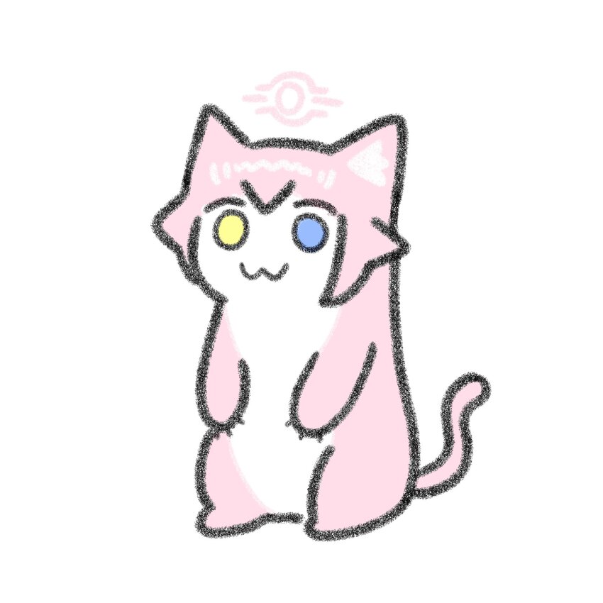 1girl, :3, animalization, blue_archive, ferret, full_body, halo, heterochromia, highres, hoshino_(blue_archive), looking_at_viewer, no_humans, pink_fur, pink_halo, pink_tail, simple_background, smile, solo, srsrr, standing, tail, v_arms, weasel, weasel_tail, white_background, white_fur