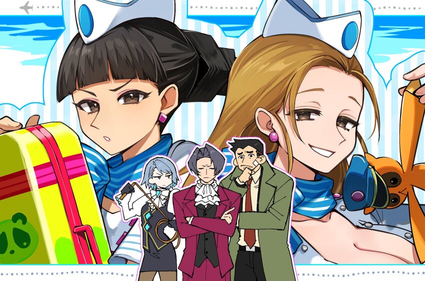 2boys, 3girls, ace_attorney, ace_attorney_investigations, aircraft, airplane, ascot, asymmetrical_hair