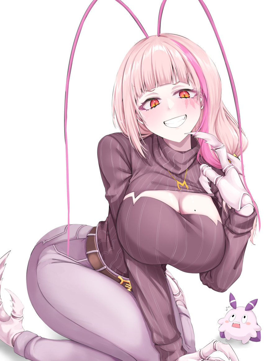 1girl, absurdres, antenna_hair, arthropod_girl, arthropod_limbs, belt, blunt_bangs, breasts, cleavage, cleavage_cutout, clothing_cutout, cockroach_girl, curvy, gold_necklace, grin, hanging_breasts, highres, jewelry, large_breasts, long_hair, long_sleeves, looking_at_viewer, matara_kan, matara_kan_(casual), mmneko, mole, mole_on_breast, momo_(matara_kan), monster_girl, multicolored_eyes, multicolored_hair, necklace, orange_eyes, pink_hair, pinstripe_pattern, purple_sweater, simple_background, skinny_jeans, smile, solo, streaked_hair, striped_clothes, striped_sweater, sweater, turtleneck, turtleneck_sweater, two-tone_eyes, very_long_hair, virtual_youtuber, vshojo, white_background