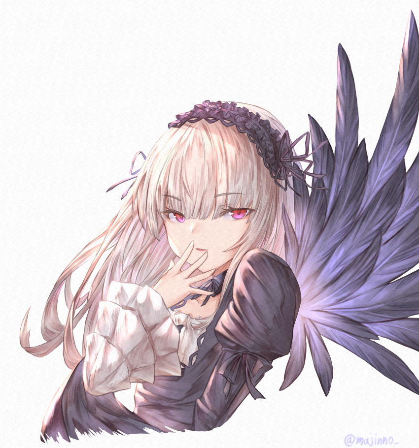 1girl, absurdres, black_dress, black_wings, commentary_request, dress, feathered_wings, frilled_sleeves