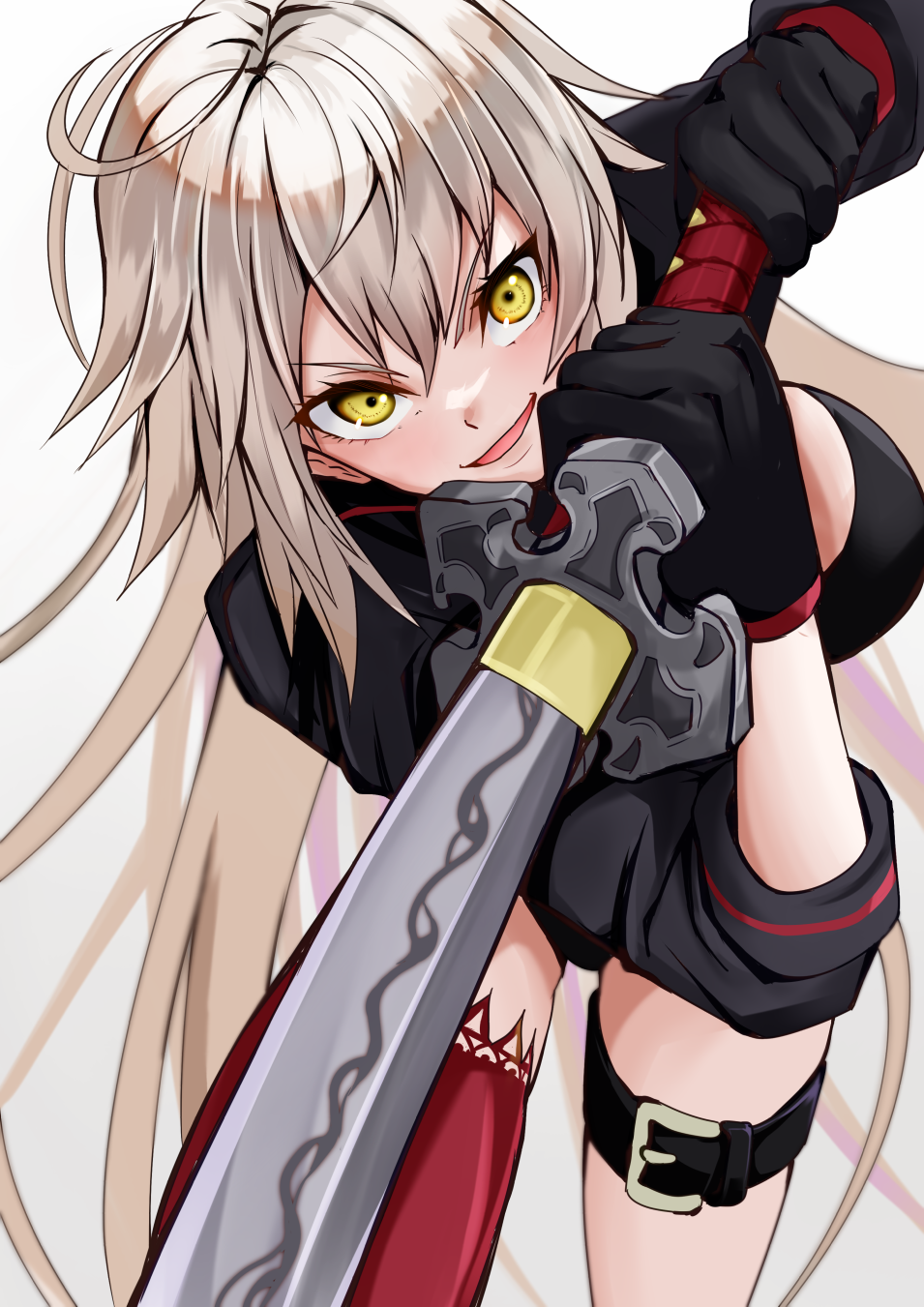 ahoge, bikini, black_bikini, black_jacket, breasts, cleavage, cropped_jacket, fate/grand_order, fate_(series), gloves, hair_between_eyes, highres, jacket, jeanne_d'arc_alter_(fate), jeanne_d'arc_alter_(swimsuit_berserker)_(fate), katana, large_breasts, long_hair, looking_at_viewer, multiple_swords, red_thighhighs, shrug_(clothing), single_thighhigh, solo, swimsuit, sword, thighhighs, very_long_hair, weapon, white_hair, yellow_eyes, yuusaku_(nekorakuda)