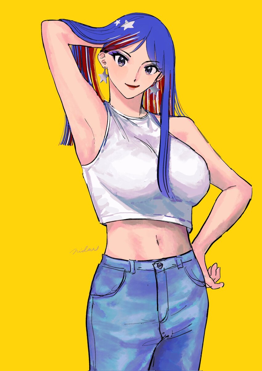 1girl, alternate_costume, arm_behind_head, blue_hair, blue_pants, breasts, denim, earrings