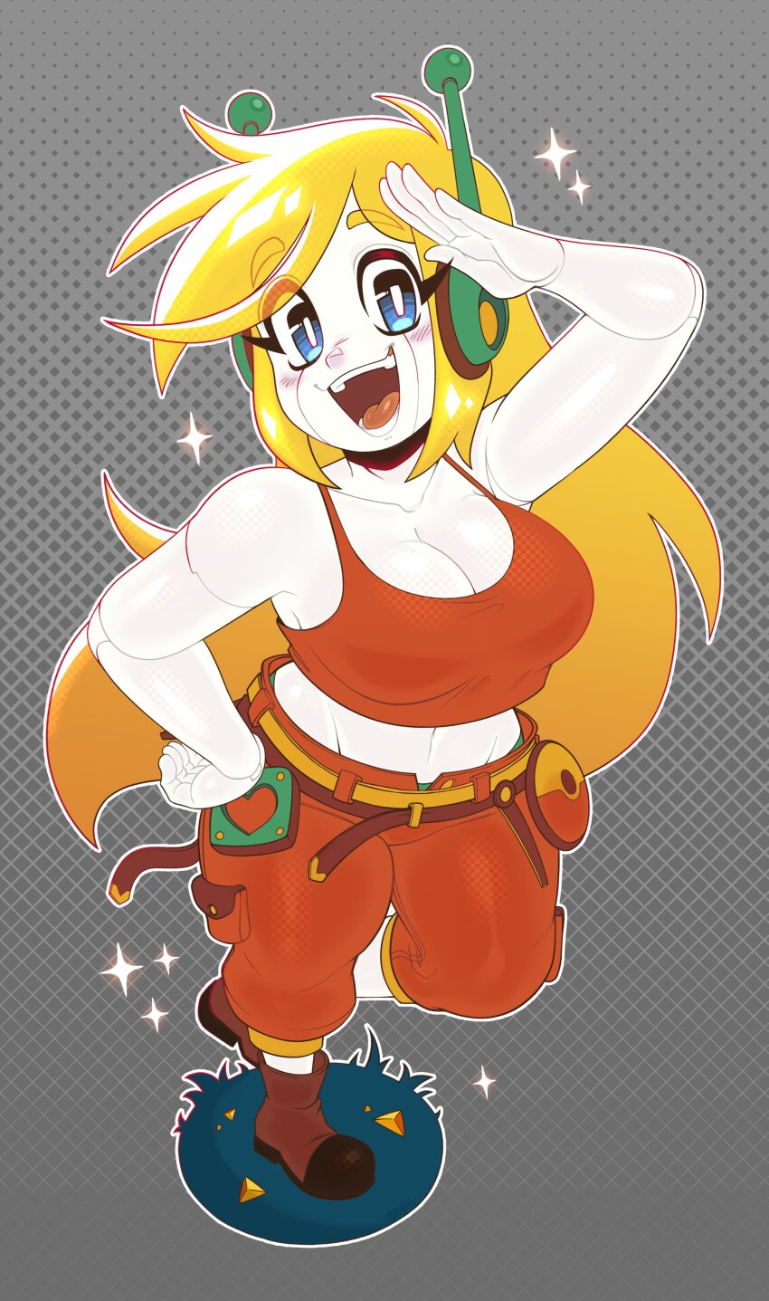 1girl, absurdres, android, arm_up, blonde_hair, blue_eyes, blush, breasts