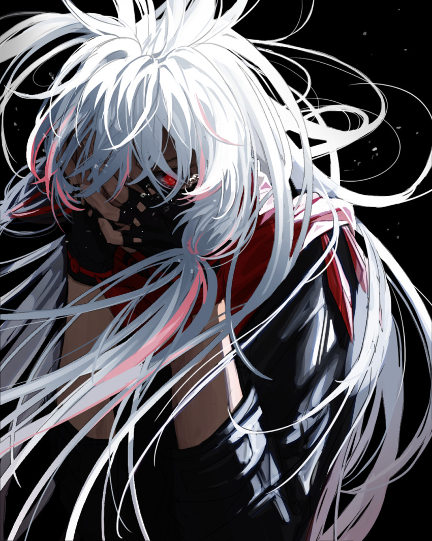 1girl, alpha_(pgr), black_background, black_gloves, black_jacket, crying, crying_with_eyes_open, fingerless_gloves