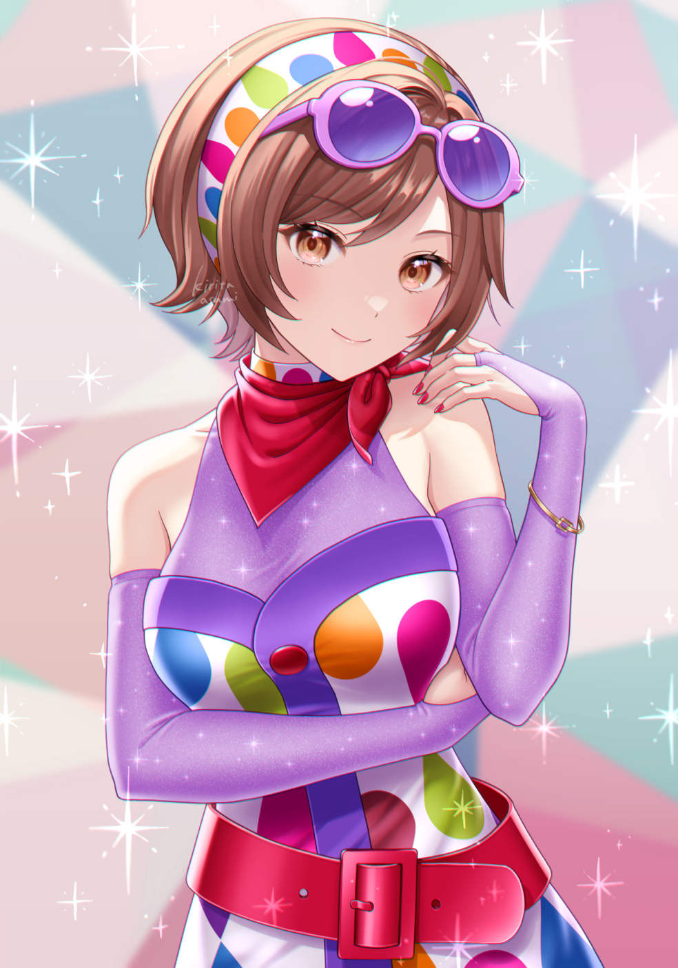 1girl, arm_across_waist, belt, blush, bridal_gauntlets, brown_eyes, brown_hair, commentary_request