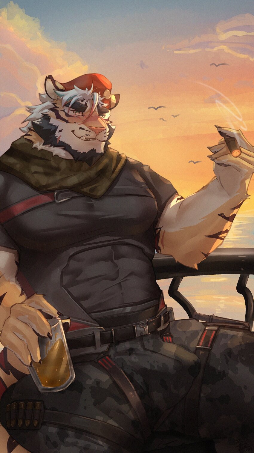 1boy, absurdres, animal_ears, bara, beard, beret, black_shirt, bulge