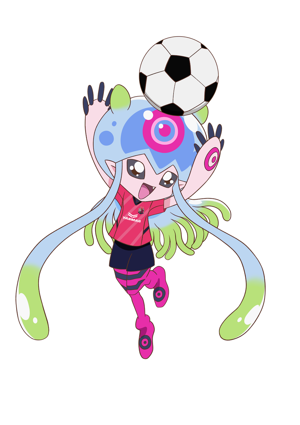 archived_source, arms_up, ball, black_sclera, black_shorts, cerezo_osaka, clothes_writing, colored_sclera