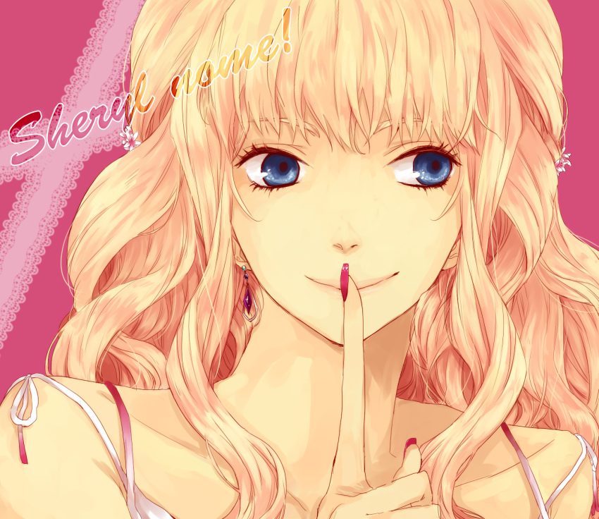 akieru_nomaki, blonde_hair, blue_eyes, earrings, finger_to_mouth, flower, hair_flower, hair_ornament