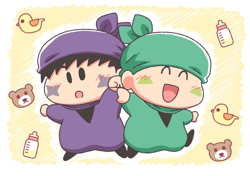 2boys, ^_^, arms_up, baby_bottle, bandana, black_hair, blush, bottle, closed_eyes, commentary_request, facepaint, green_bandana, green_sash, hanzo_(mirumo_de_pon!), happy, koyamaru3, looking_at_viewer, male_focus, mini_person, miniboy, mirumo_de_pon!, multiple_boys, purple_bandana, purple_sash, sash, sasuke_(mirumo_de_pon!), solid_oval_eyes, stuffed_animal, stuffed_duck, stuffed_toy, teddy_bear