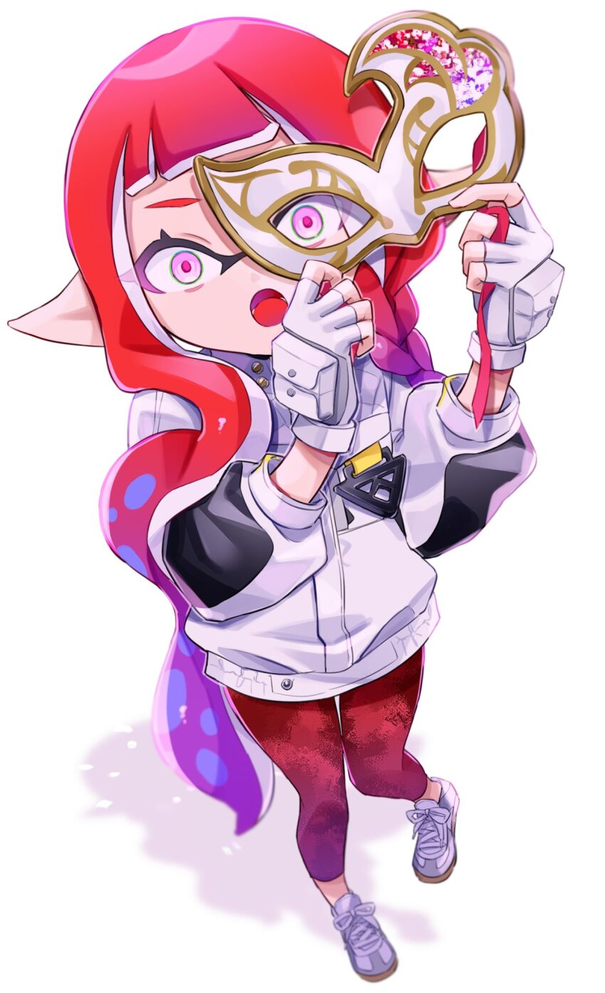 1girl, :o, carnival_mask, fingerless_gloves, from_above, full_body, gloves, gradient_hair, highres, inkling, inkling_girl, inkling_player_character, jacket, long_hair, looking_at_viewer, mask, mind_control, multicolored_hair, nintendo, open_mouth, pants, pink_eyes, pointy_ears, psya_ma, purple_hair, red_hair, red_pants, shoes, simple_background, solo, splatoon_(series), standing, tentacle_hair, two-tone_hair, unworn_mask, very_long_hair, white_background, white_gloves, white_jacket, white_shoes